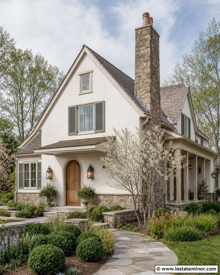 Off White House With Green Shutters And Stone - 30 Off White House Design With Stone Accents Ideas