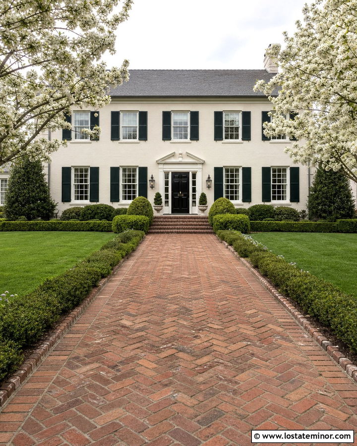 Off White House With Herringbone Brick Driveway - 30 Off White House Design With Driveway Ideas