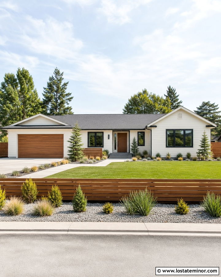 Off White House With Horizontal Cedar Fence - 30 Off White House Design With Fence Ideas