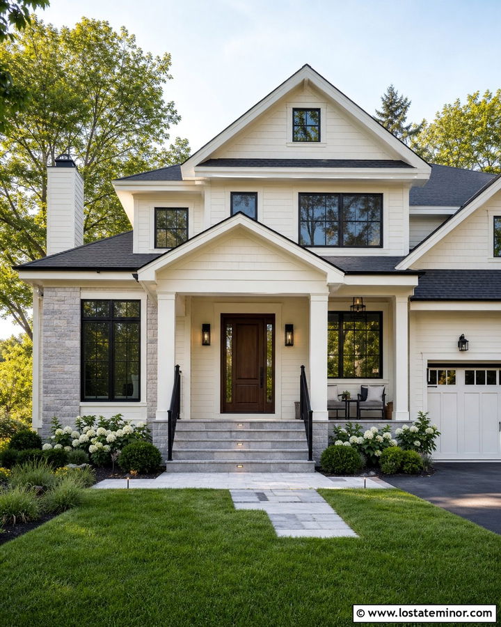 Off White House With Illuminated Front Steps - 30 Off White House Design With Steps Ideas
