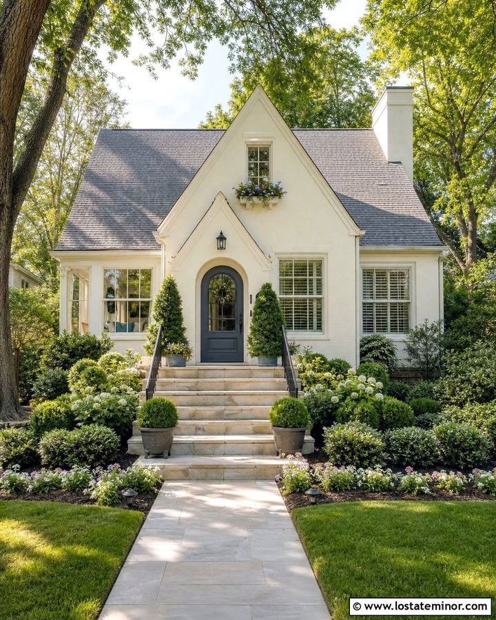 Off White House With Landscaping Around Steps - 30 Off White House Design With Steps Ideas