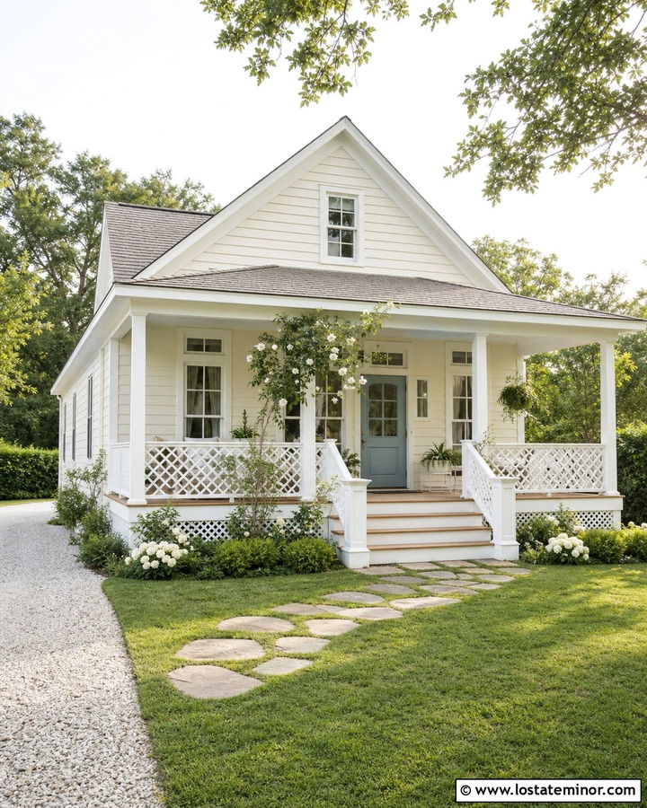 Off White House With Lattice Porch Railings - 30 Off White House Design With Railings Ideas
