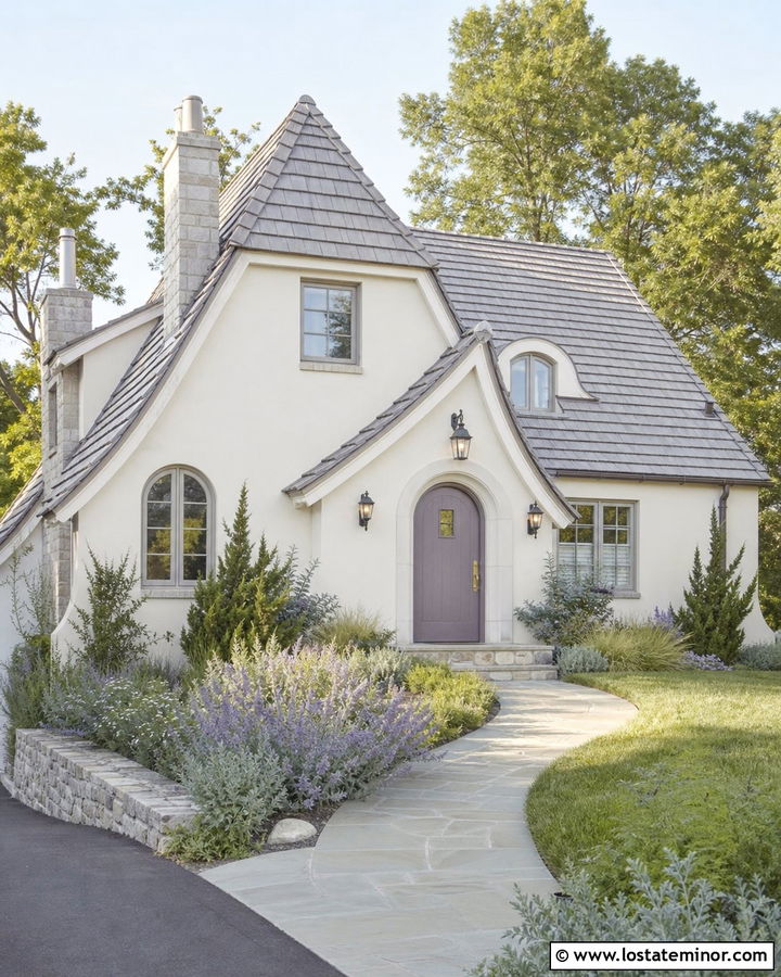 Off White House With Lavender Entry Door - 30 Off White House Design With Entry Door Ideas