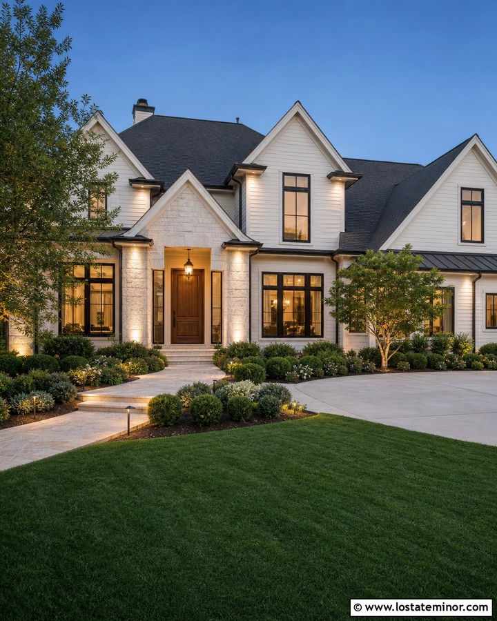 Off White House With Layered Exterior Lighting - 30 Off White House Design With Lighting Ideas