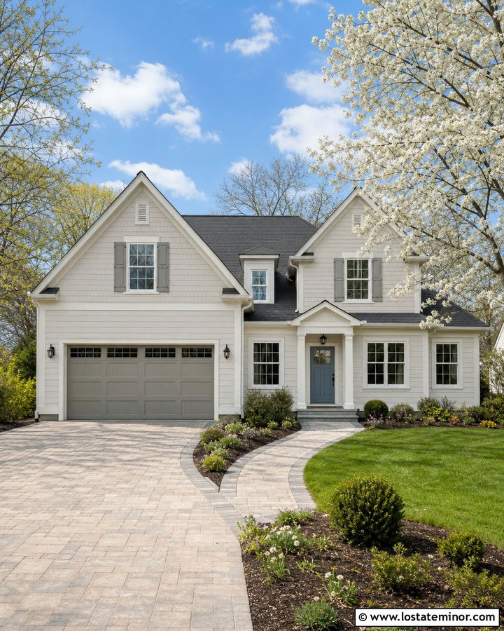 Off White House With Light Gray Garage Door - 30 Off White House Design With Garage Door Ideas