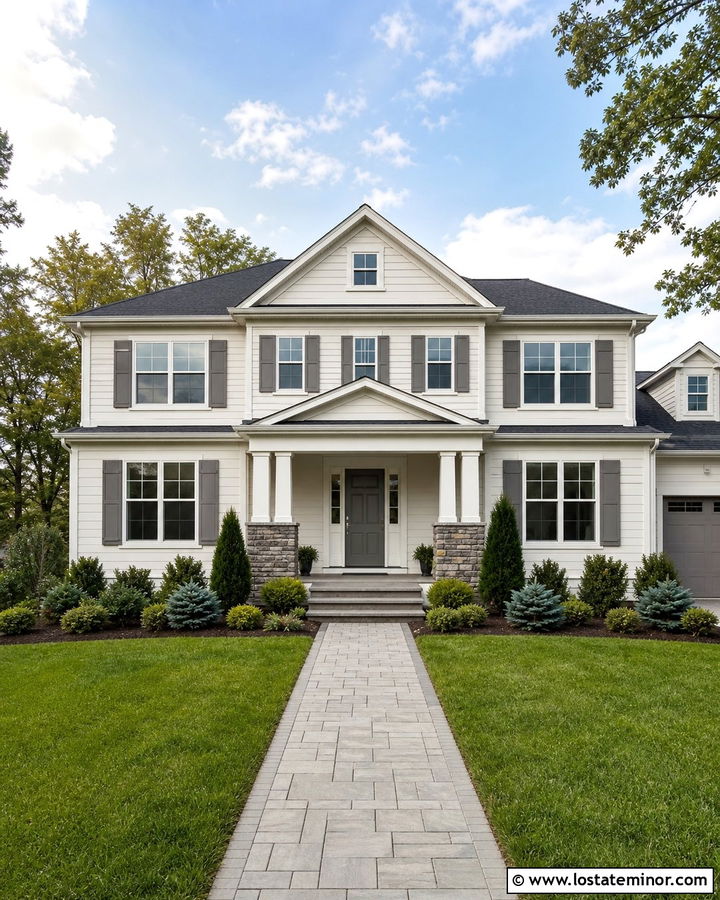 Off White House With Medium Gray Entry Door - 30 Off White House Design With Entry Door Ideas