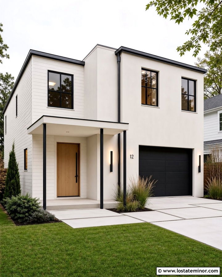 Off White House With Minimal Front Porch - 30 Off White House Design With Front Porch Ideas