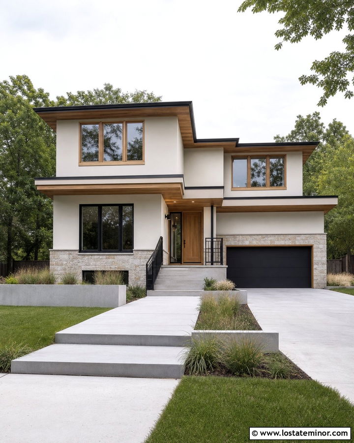 Off White House With Mixed Black And Wood Window Frames - 30 Off White House Design With Window Frames Ideas