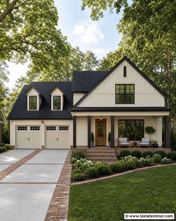 Off White House With Mixed Material Driveway - 30 Off White House Design With Driveway Ideas