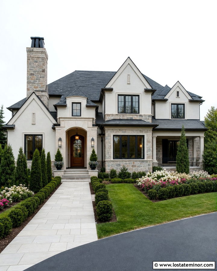 Off White House With Mixed Stone Accents - 30 Off White House Design With Stone Accents Ideas