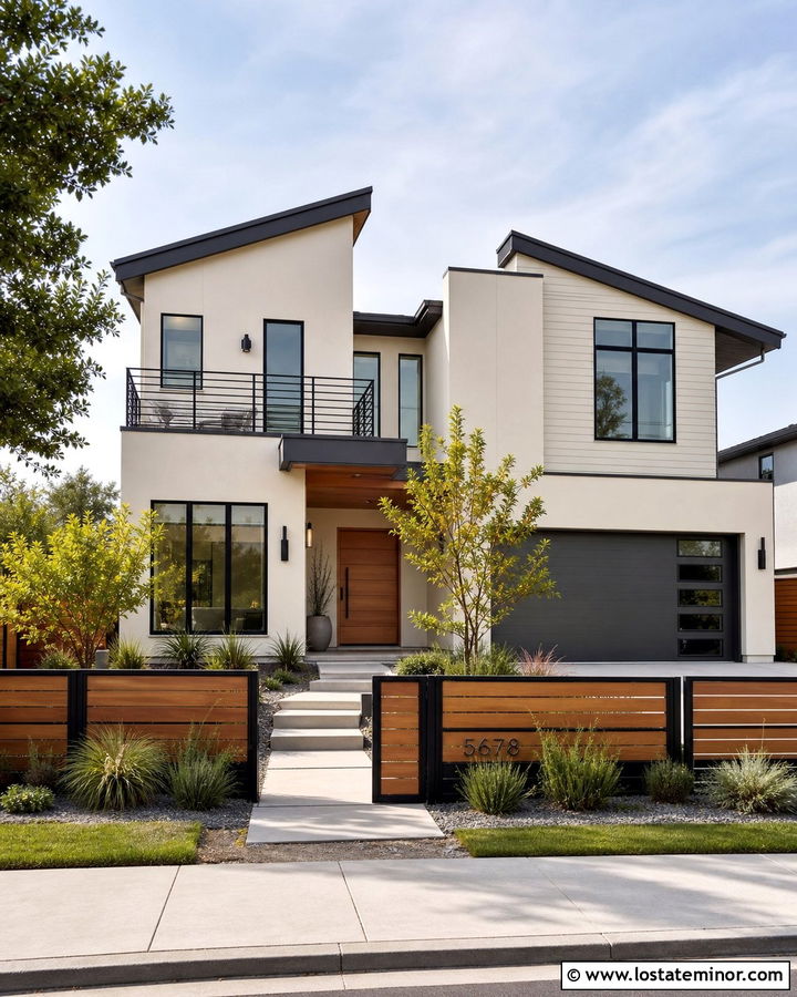 Off White House With Mixed Wood And Metal Fence - 30 Off White House Design With Fence Ideas