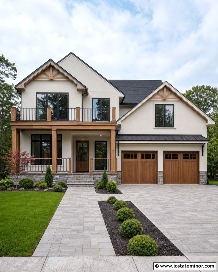 Off White House With Mixed Wood And Metal Railings - 30 Off White House Design With Railings Ideas