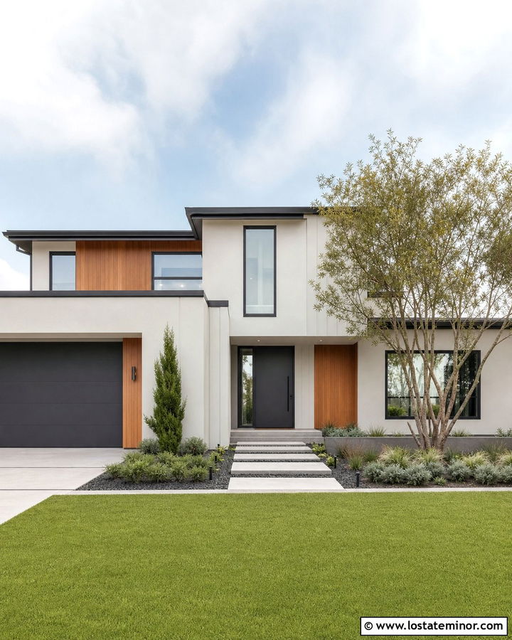 Off White House With Modern Concrete Walkway - 30 Off White House Design With Front Yard Ideas