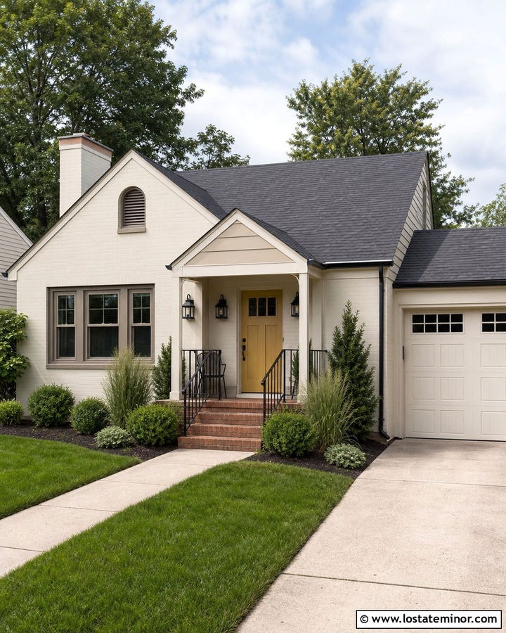 Off White House With Mustard Yellow Door - 30 Off White House Design With Accents Ideas