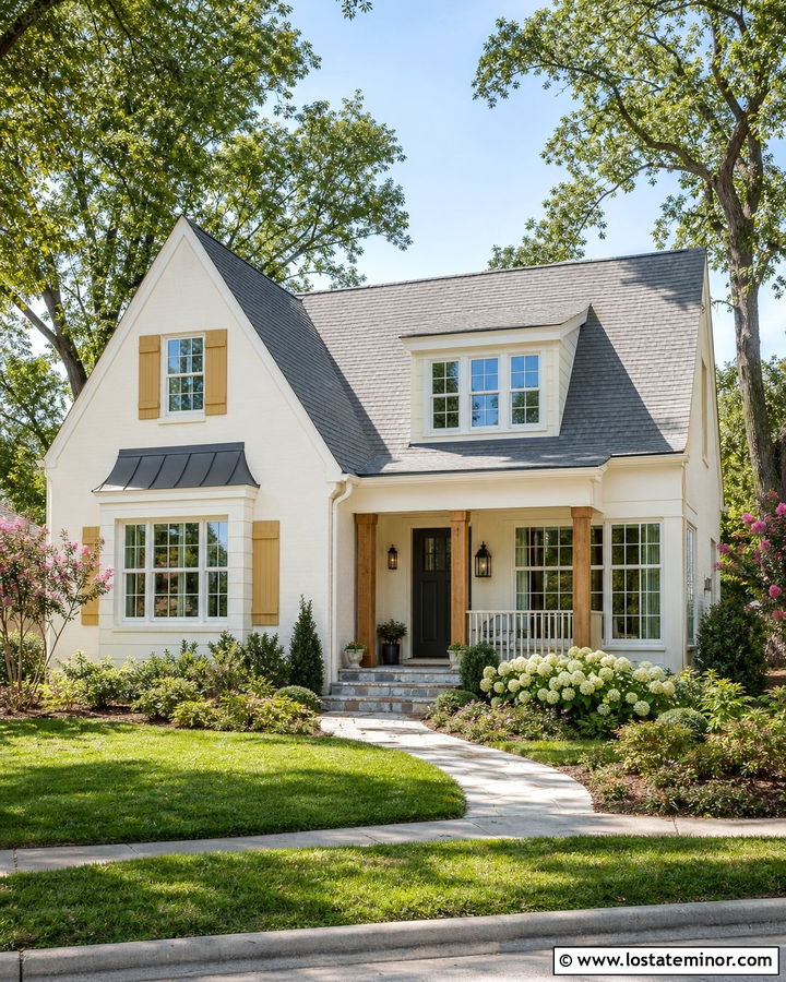 Off White House With Mustard Yellow Shutters - 30 Off White House Design With Shutters Ideas