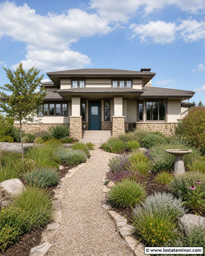 Off White House With Native Plant Garden - 30 Off White House Design With Front Yard Ideas