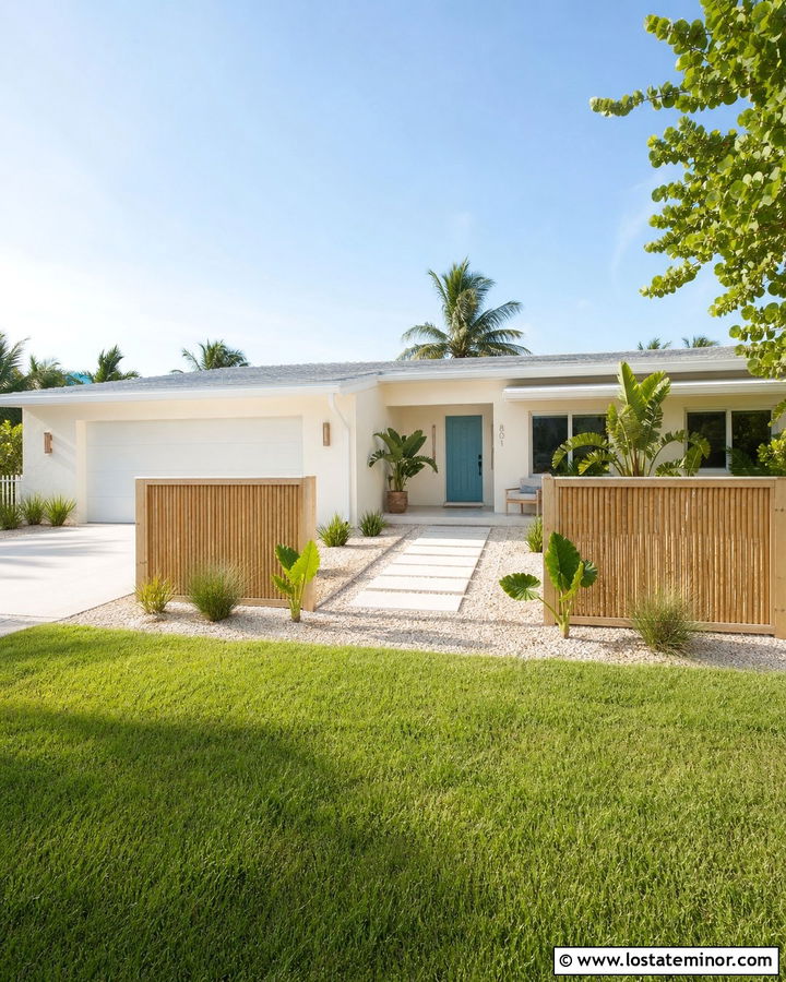 Off White House With Natural Bamboo Fence - 30 Off White House Design With Fence Ideas