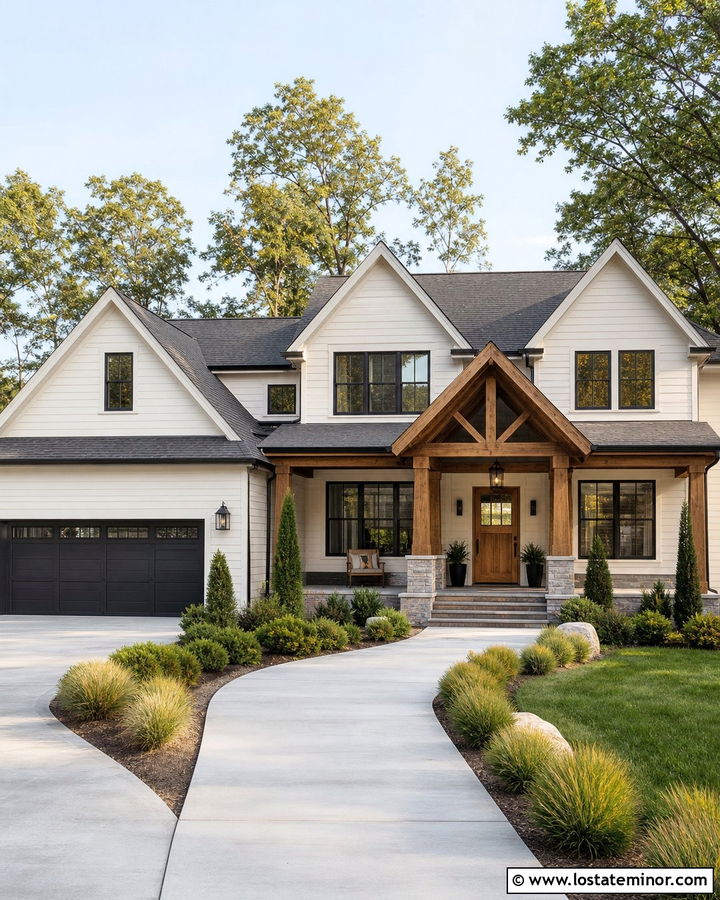 Off White House With Natural Cedar Front Porch - 30 Off White House Design With Front Porch Ideas