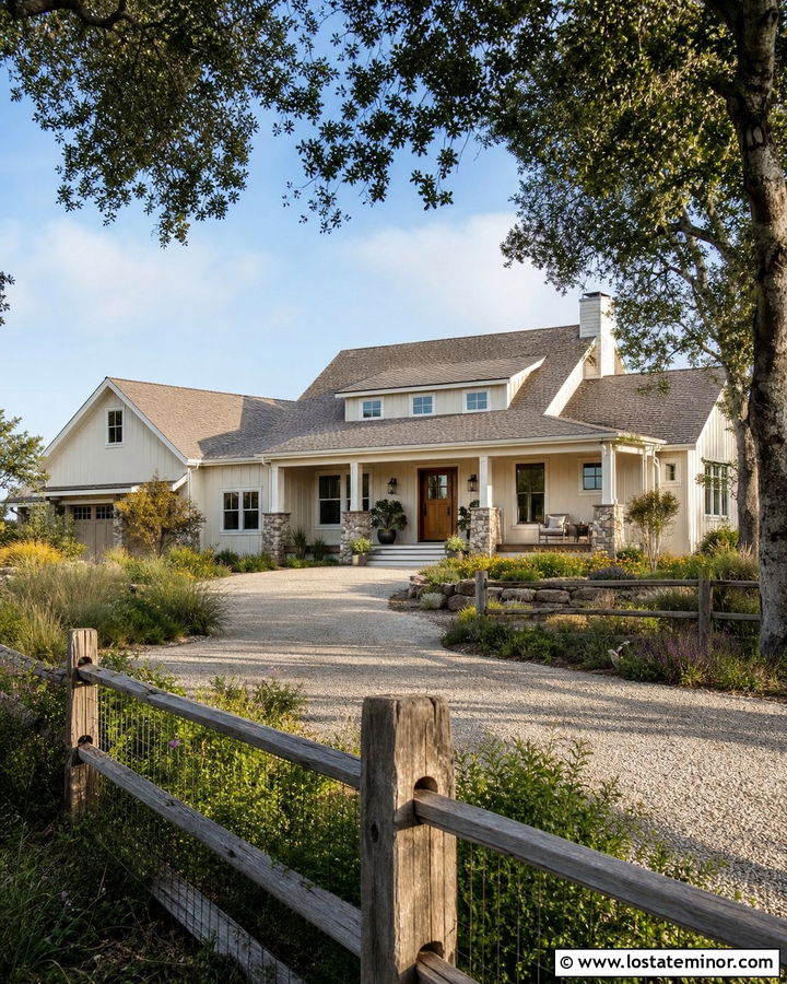 Off White House With Natural Split Rail Fence - 30 Off White House Design With Fence Ideas