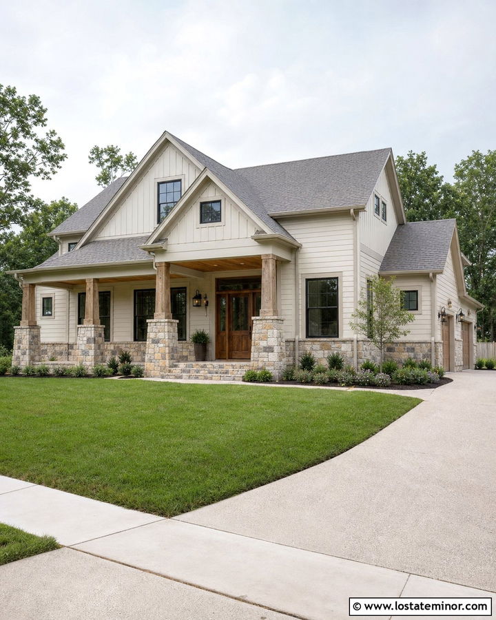 Off White House With Natural Stone Porch Wainscoting - 30 Off White House Design With Wainscoting Ideas