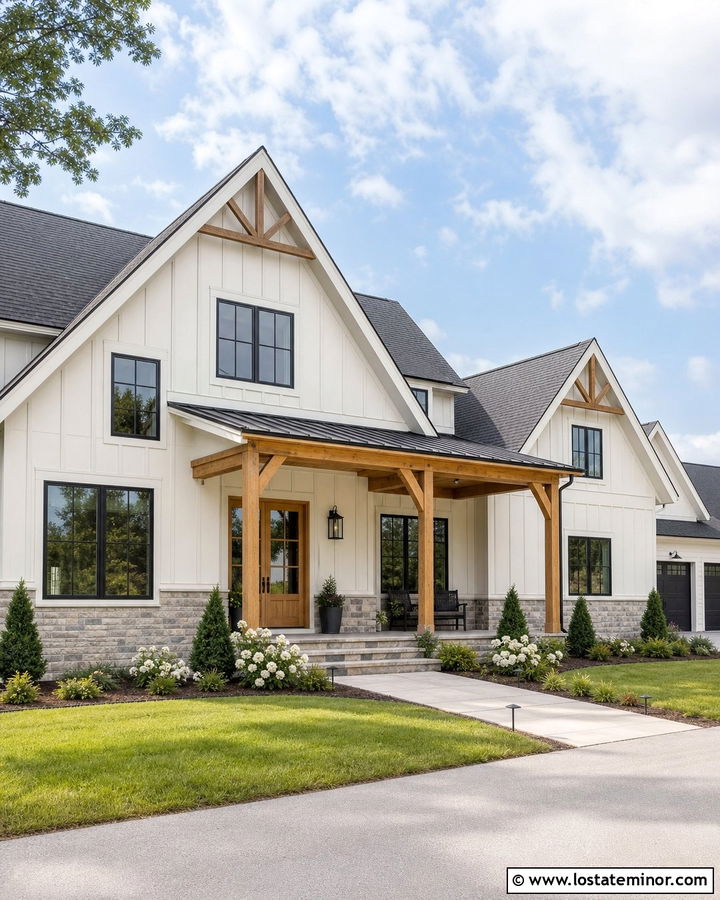 Off White House With Natural Wood Entry Door - 30 Off White House Design With Entry Door Ideas