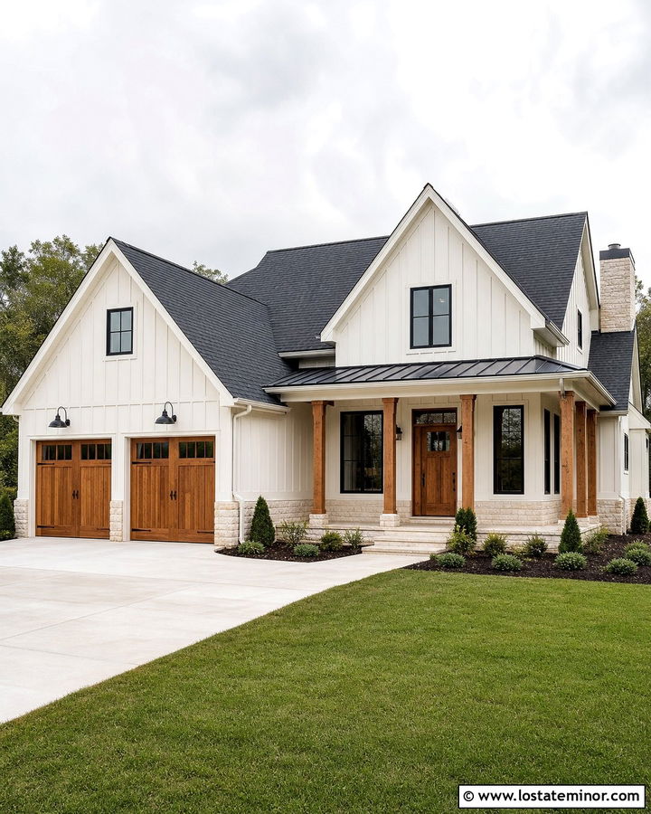 Off White House With Natural Wood Garage Door - 30 Off White House Design With Garage Door Ideas