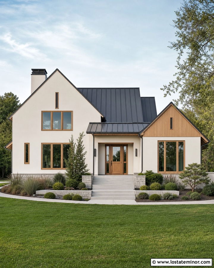 Off White House With Natural Wood Window Frames - 30 Off White House Design With Window Frames Ideas