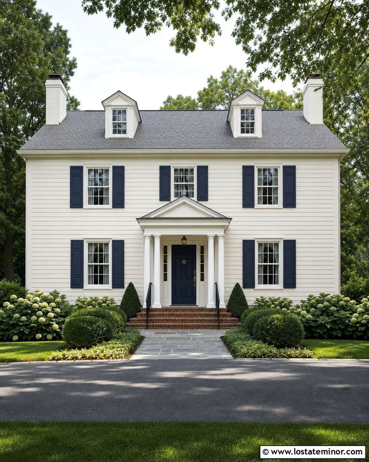 Off White House With Navy Blue Entry Door - 30 Off White House Design With Entry Door Ideas