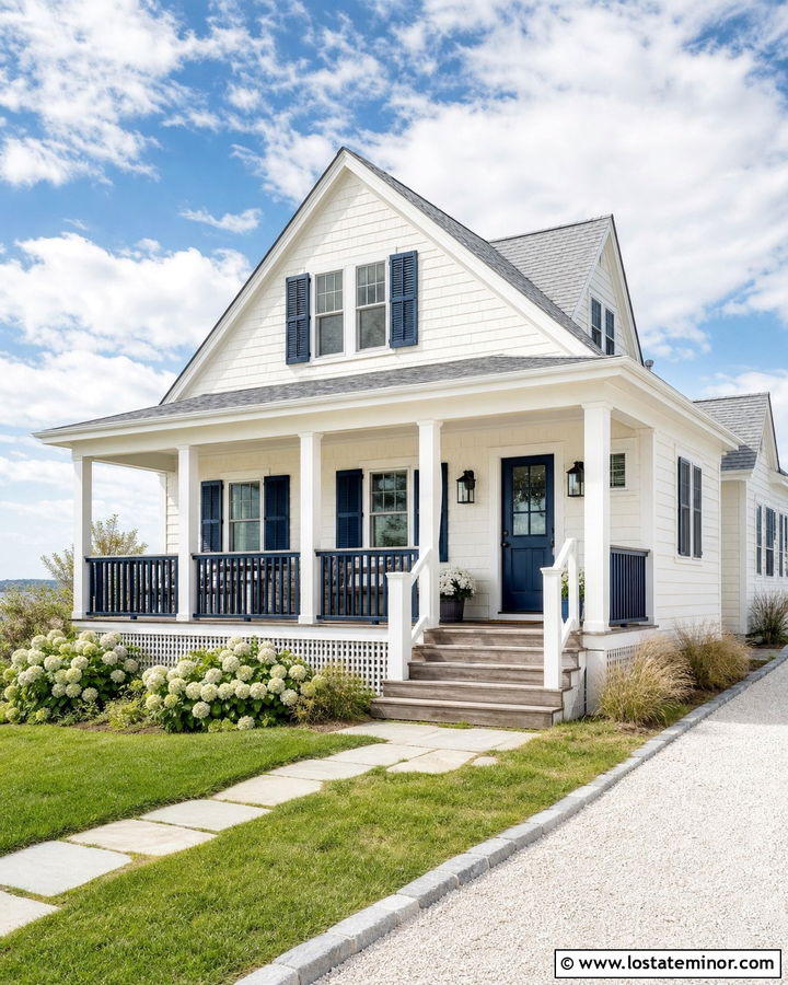 Off White House With Navy Blue Railings - 30 Off White House Design With Railings Ideas