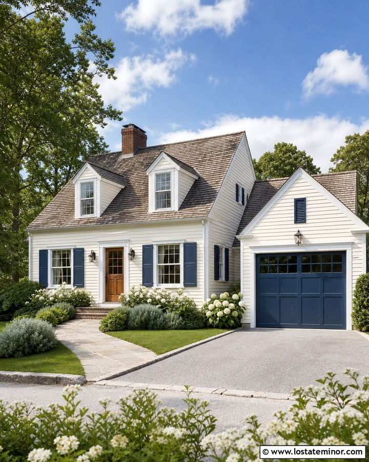 Off White House With Navy Garage Door - 30 Off White House Design With Garage Door Ideas