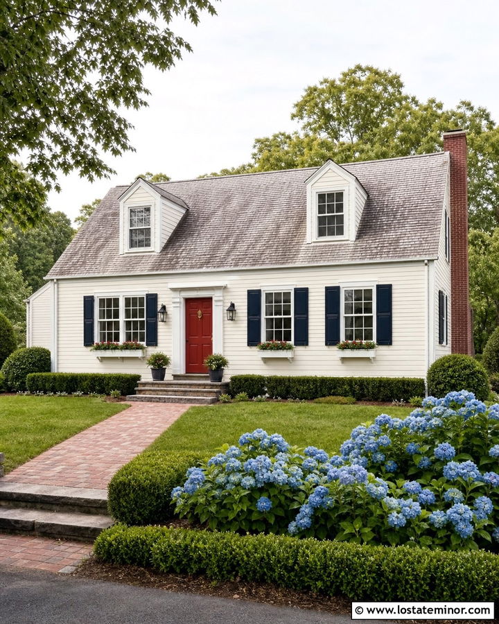 Off White House With Navy Shutters And Red Door - 30 Off White House Design With Shutters Ideas