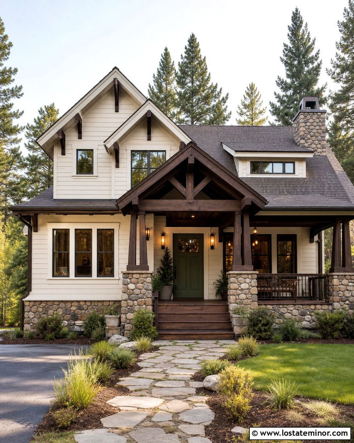 Off White House With Olive Green Entry Door - 30 Off White House Design With Entry Door Ideas
