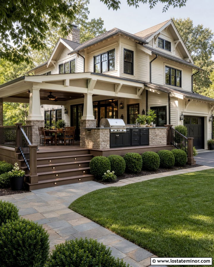 Off White House With Outdoor Kitchen Deck - 30 Off White House Design With Deck Ideas