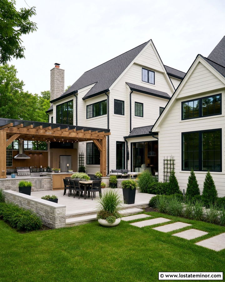Off White House With Outdoor Kitchen Pergola - 30 Off White House Design With Pergola Ideas