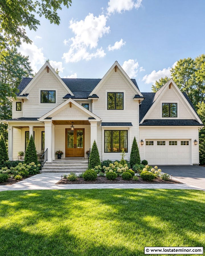Off White House With Painted Cedar Shake And Natural Wood Accents - 30 Off White House Design With Cedar Shake Ideas
