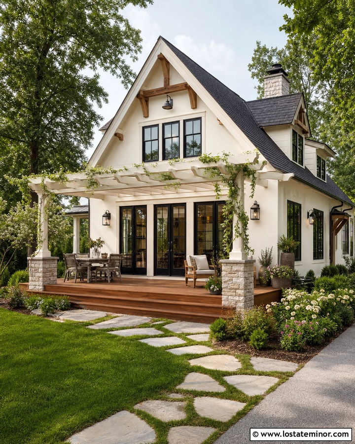 Off White House With Pergola Deck - 30 Off White House Design With Deck Ideas