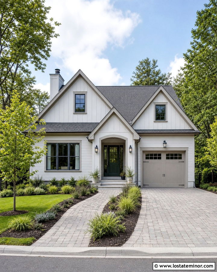 Off White House With Permeable Paver Driveway - 30 Off White House Design With Driveway Ideas