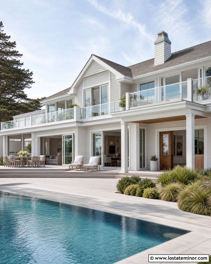 Off White House With Poolside Deck - 30 Off White House Design With Deck Ideas