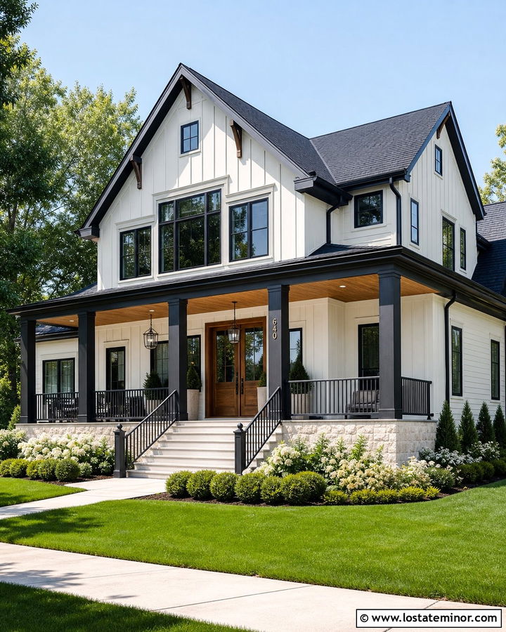 Off White House With Porch Columns And Black Trim - 30 Off White House Design With Porch Columns Ideas