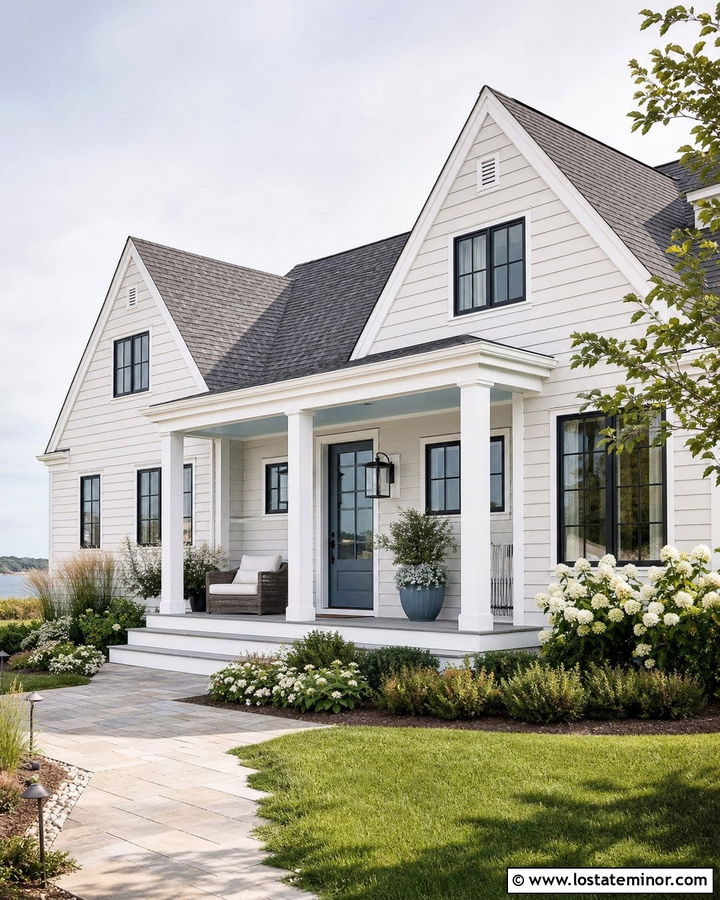 Off White House With Porch Columns And Blue Front Door - 30 Off White House Design With Porch Columns Ideas