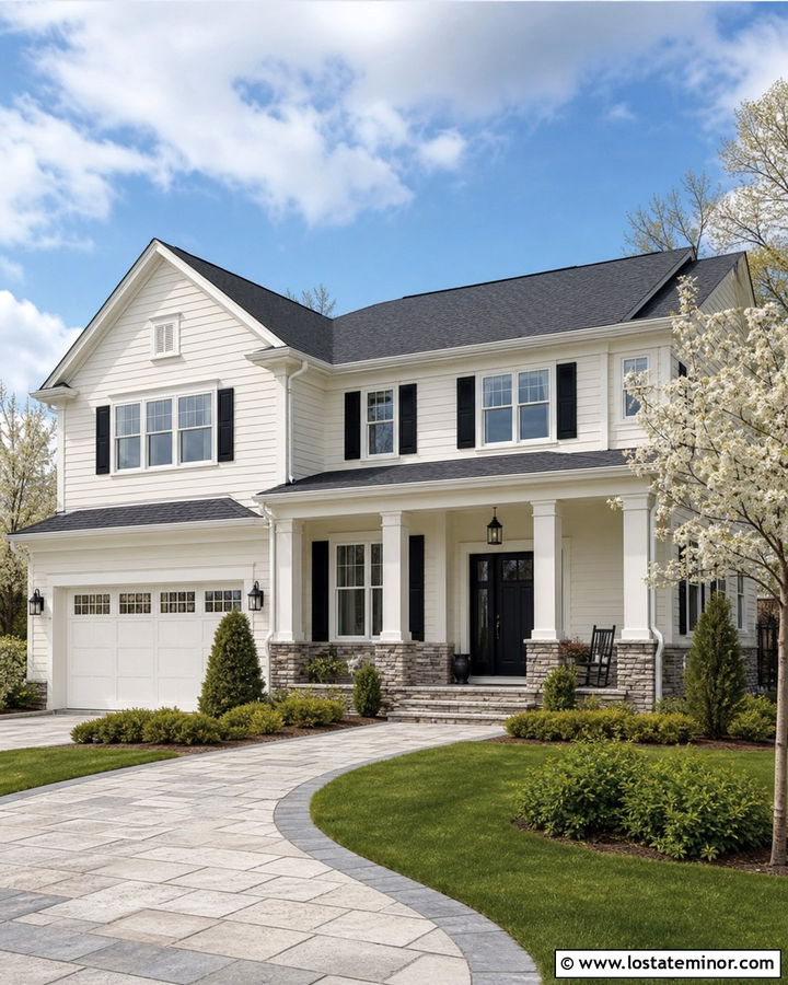 Off White House With Porch Columns And Charcoal Roof - 30 Off White House Design With Porch Columns Ideas