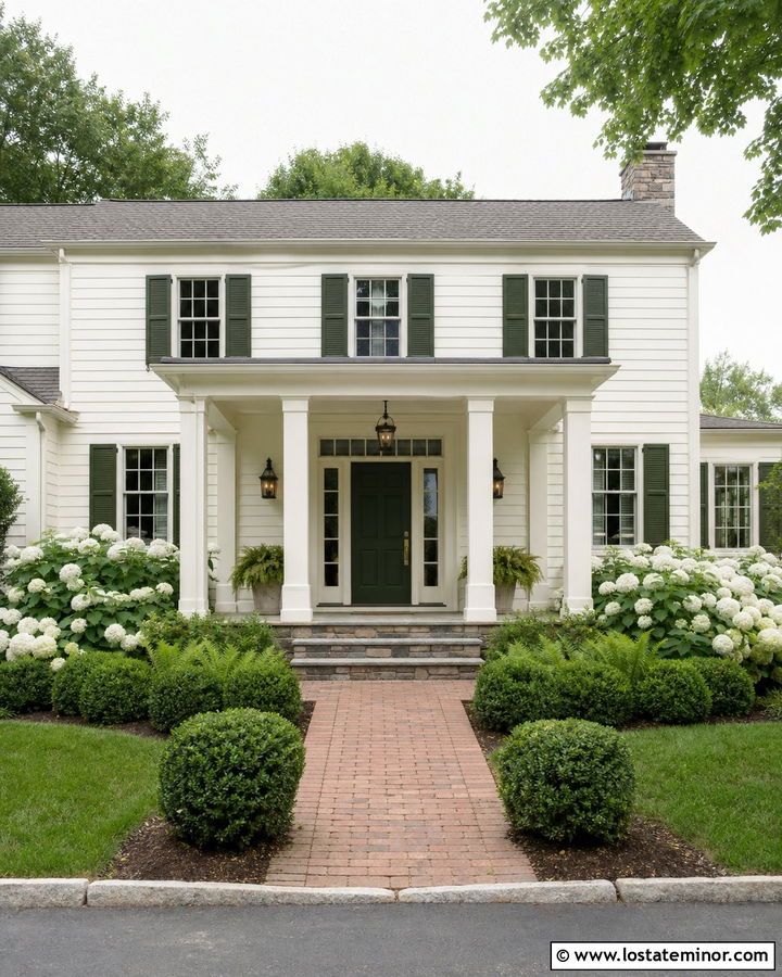 Off White House With Porch Columns And Green Shutters - 30 Off White House Design With Porch Columns Ideas