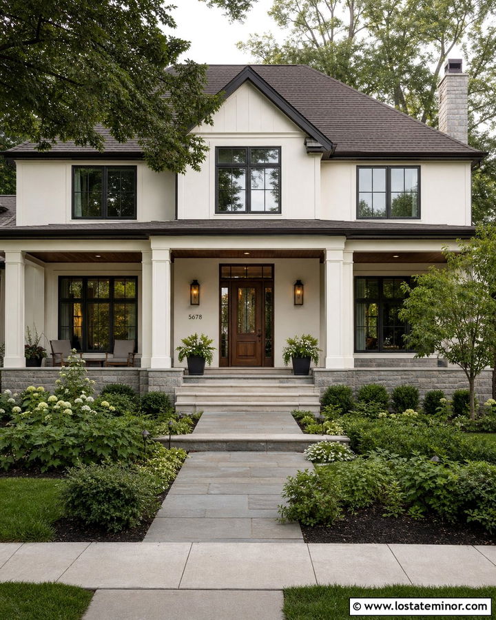 Off White House With Porch Columns And Wood Front Door - 30 Off White House Design With Porch Columns Ideas