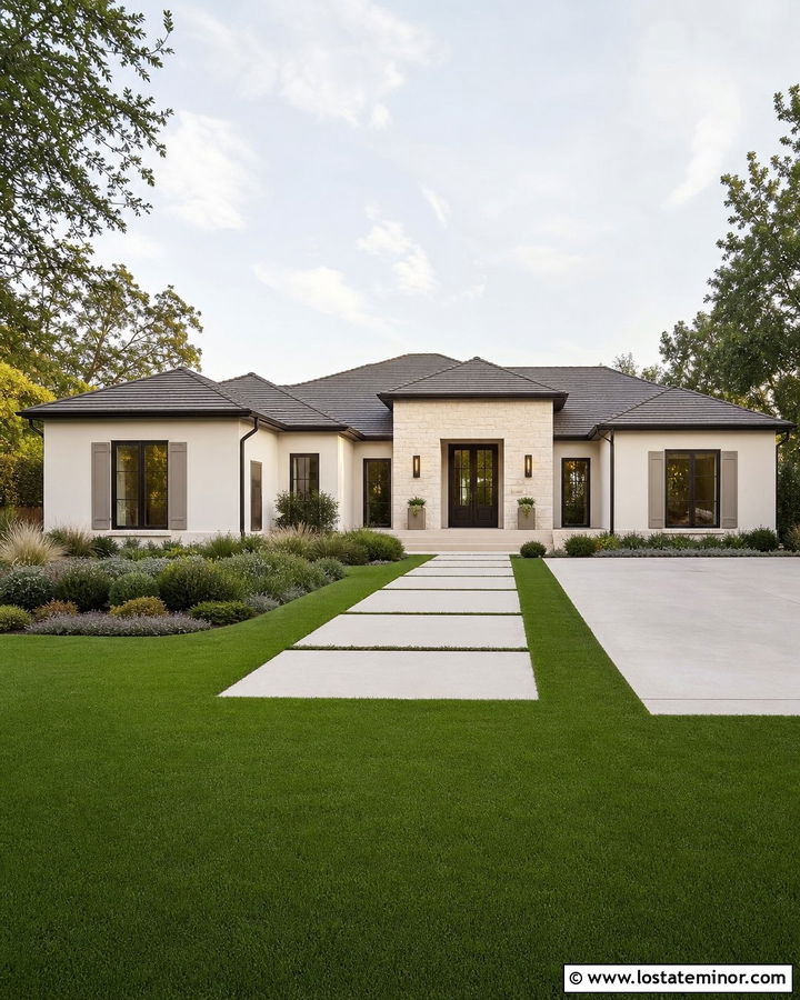 Off White House With Putty Shutters And Bronze Door - 30 Off White House Design With Shutters Ideas