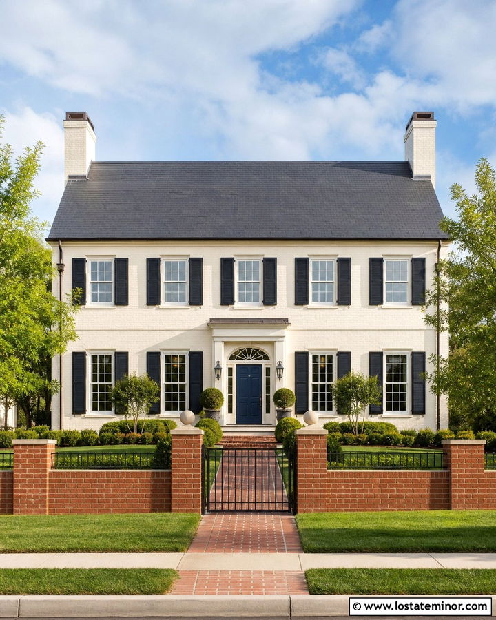 Off White House With Red Brick Fence - 30 Off White House Design With Fence Ideas