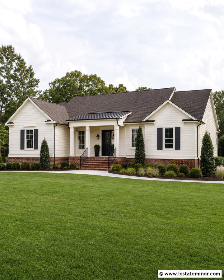 Off White House With Red Brick Foundation - 30 Off White House Design With Brick Accents Ideas