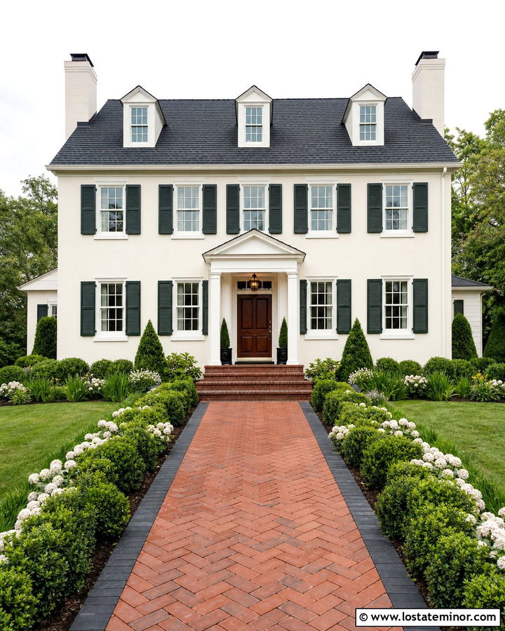 Off White House With Red Brick Walkway - 30 Off White House Design With Front Yard Ideas
