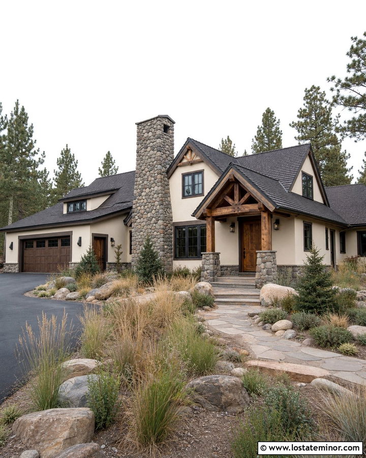 Off White House With River Rock Chimney - 30 Off White House Design With Chimney Ideas