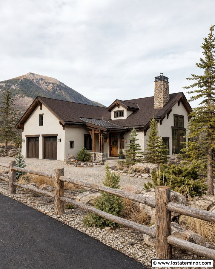 Off White House With Rustic Log Fence - 30 Off White House Design With Fence Ideas