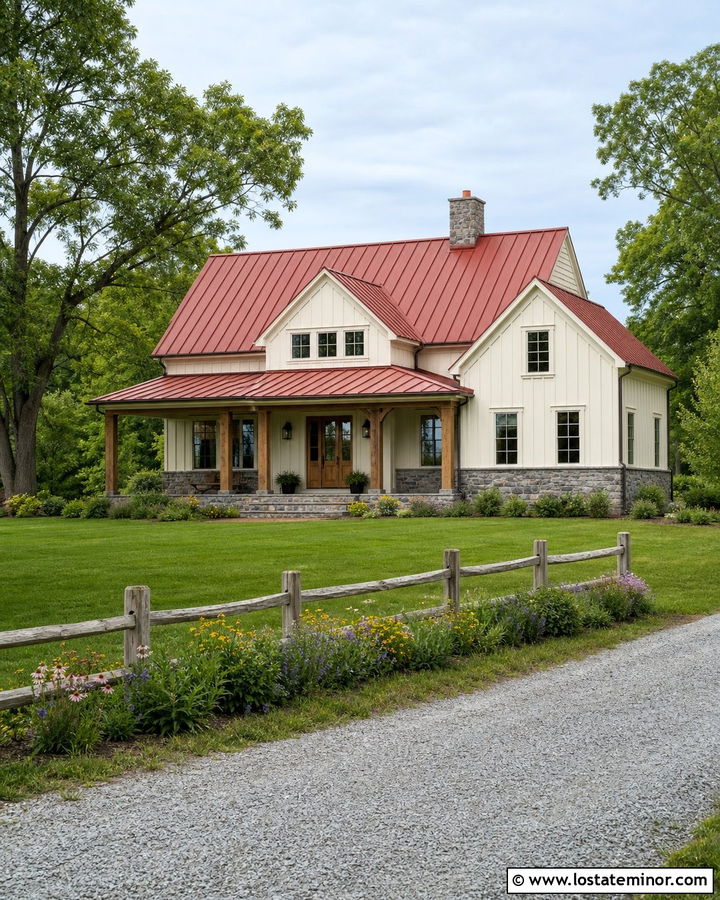 Off White House With Rustic Red Metal Roof - 30 Off White House Design With Roof Ideas